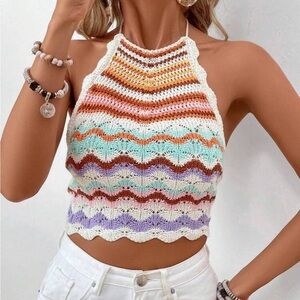 SHEIN Orange and Green Halter Crop Tank Top